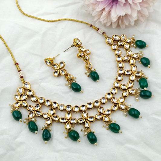 11870 / 11950 Kundan Short Flower Green Beads Necklace
