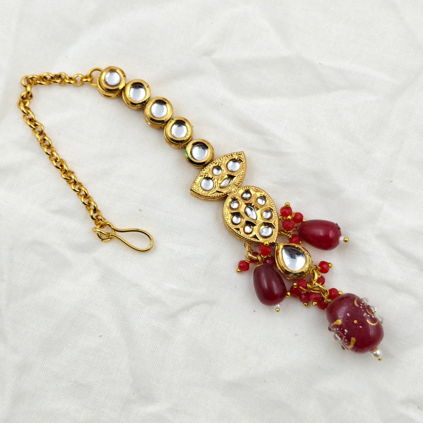 22554 Kundan Bridal Necklace Set With MaangTika Red