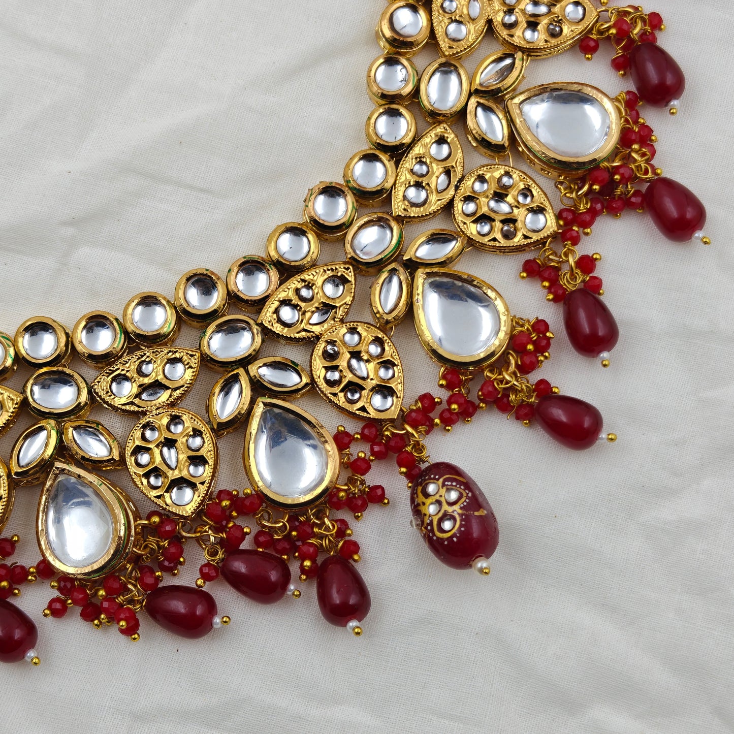 22554 Kundan Bridal Necklace Set With MaangTika Red