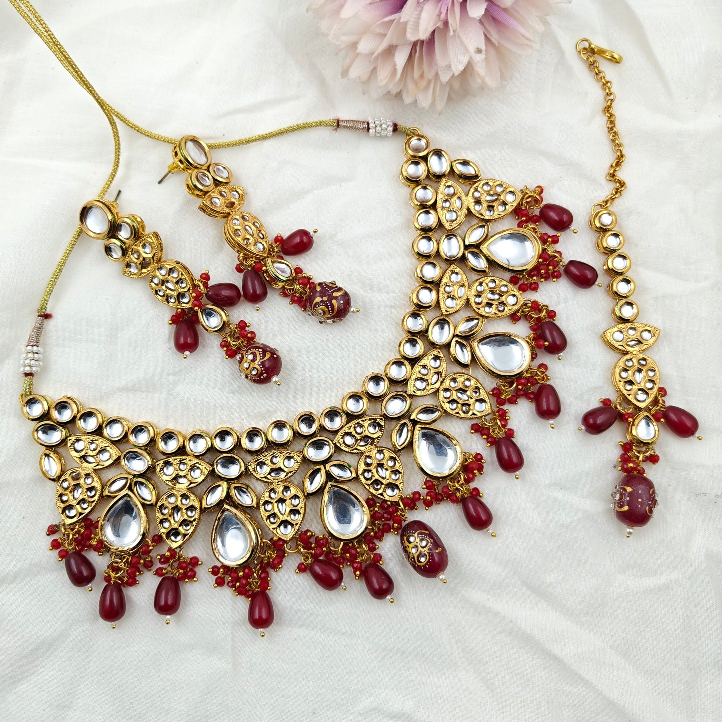 22554 Kundan Bridal Necklace Set With MaangTika Red