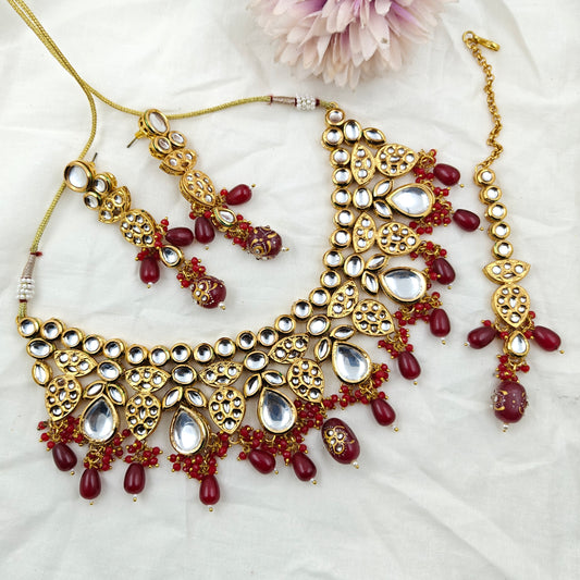 22554 Kundan Bridal Necklace Set With MaangTika Red