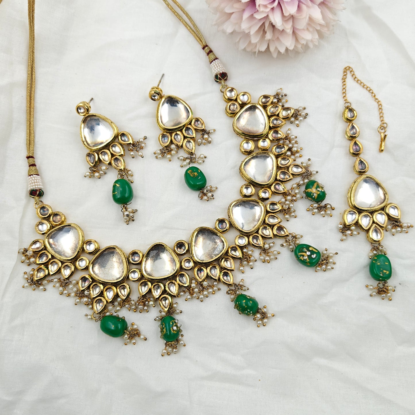960 Kundan Necklace Set Green Beads