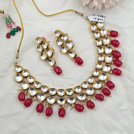 15886 Kundan Round Leaf Short Necklace Red