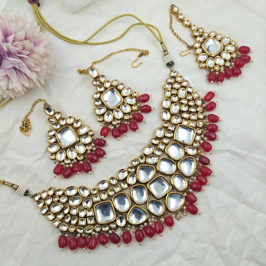 999 Kundan 3/4 Necklace Set Red Aver Beads