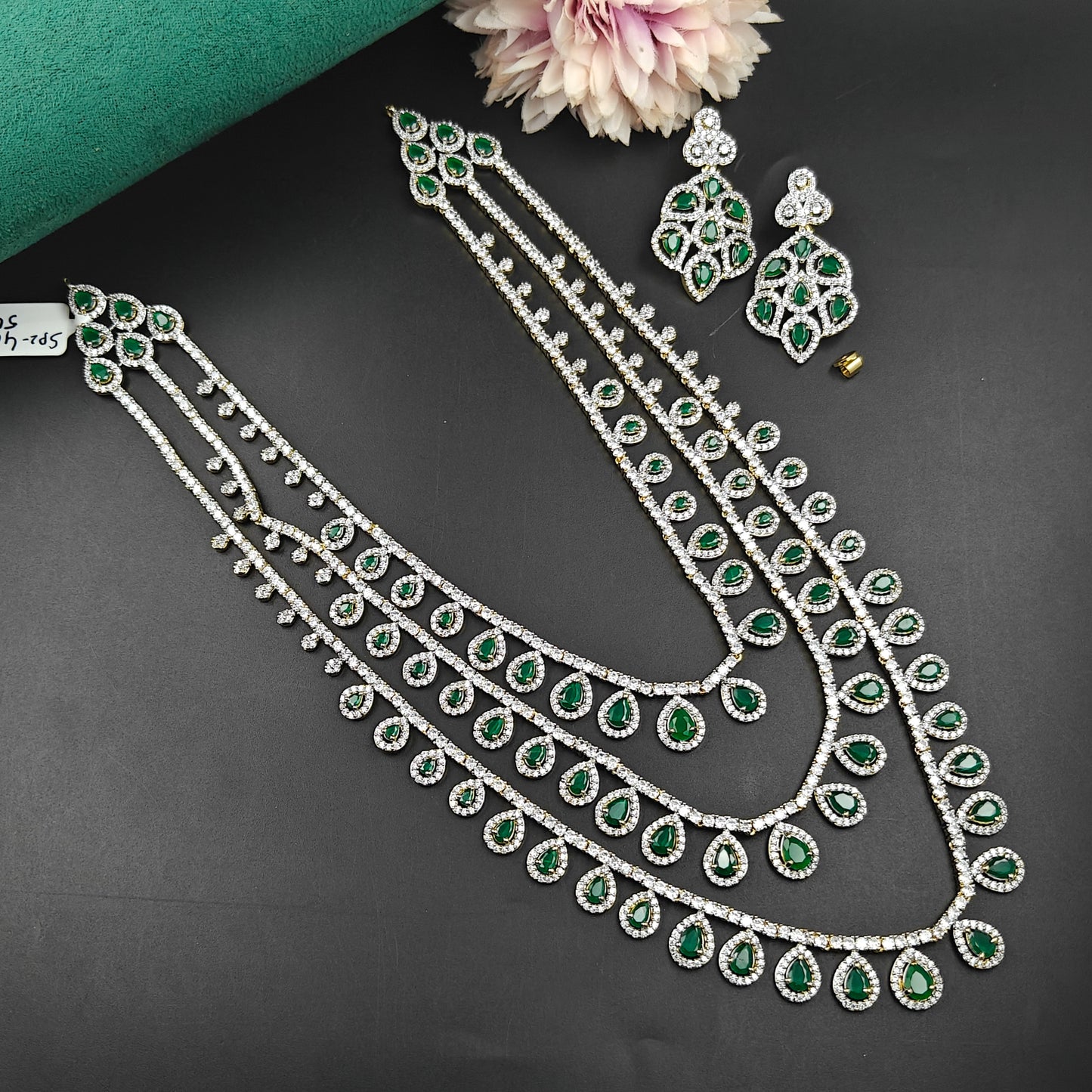 40794 GJ 3 Layers Long Necklace Set Green