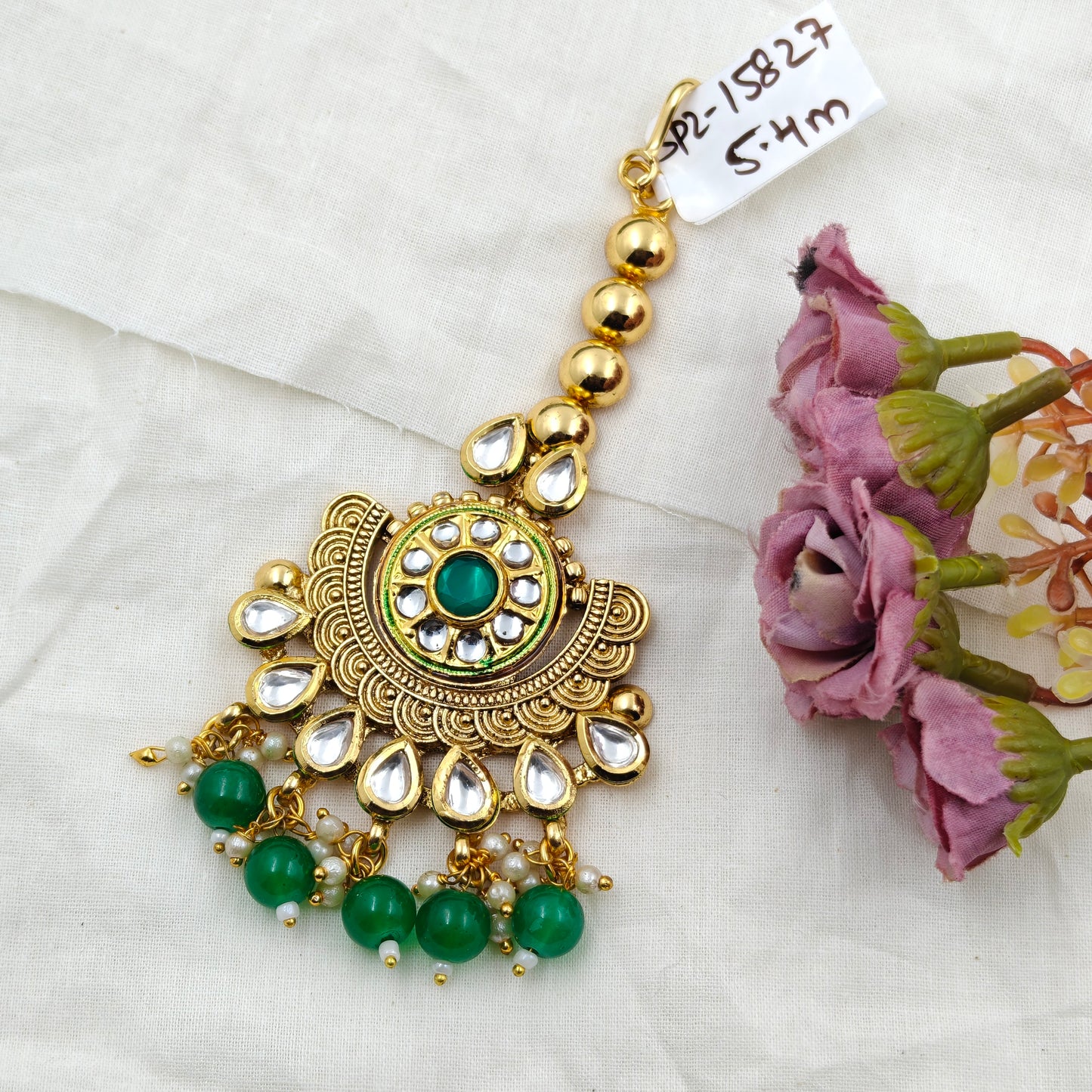 15827 Kundan MaangTikka Chandbali Type Green