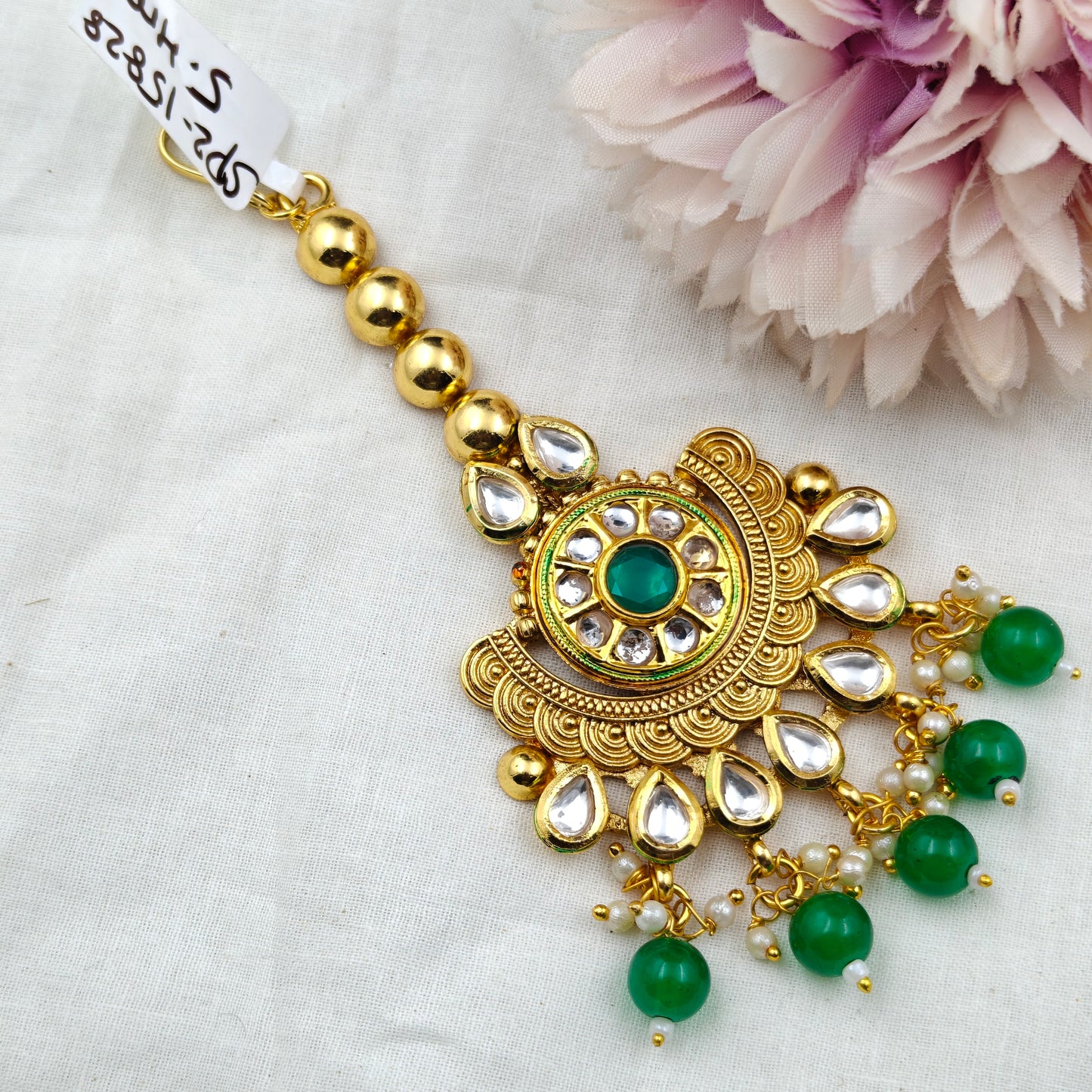 15828 Kundan MaangTikka Chandbali Type Green