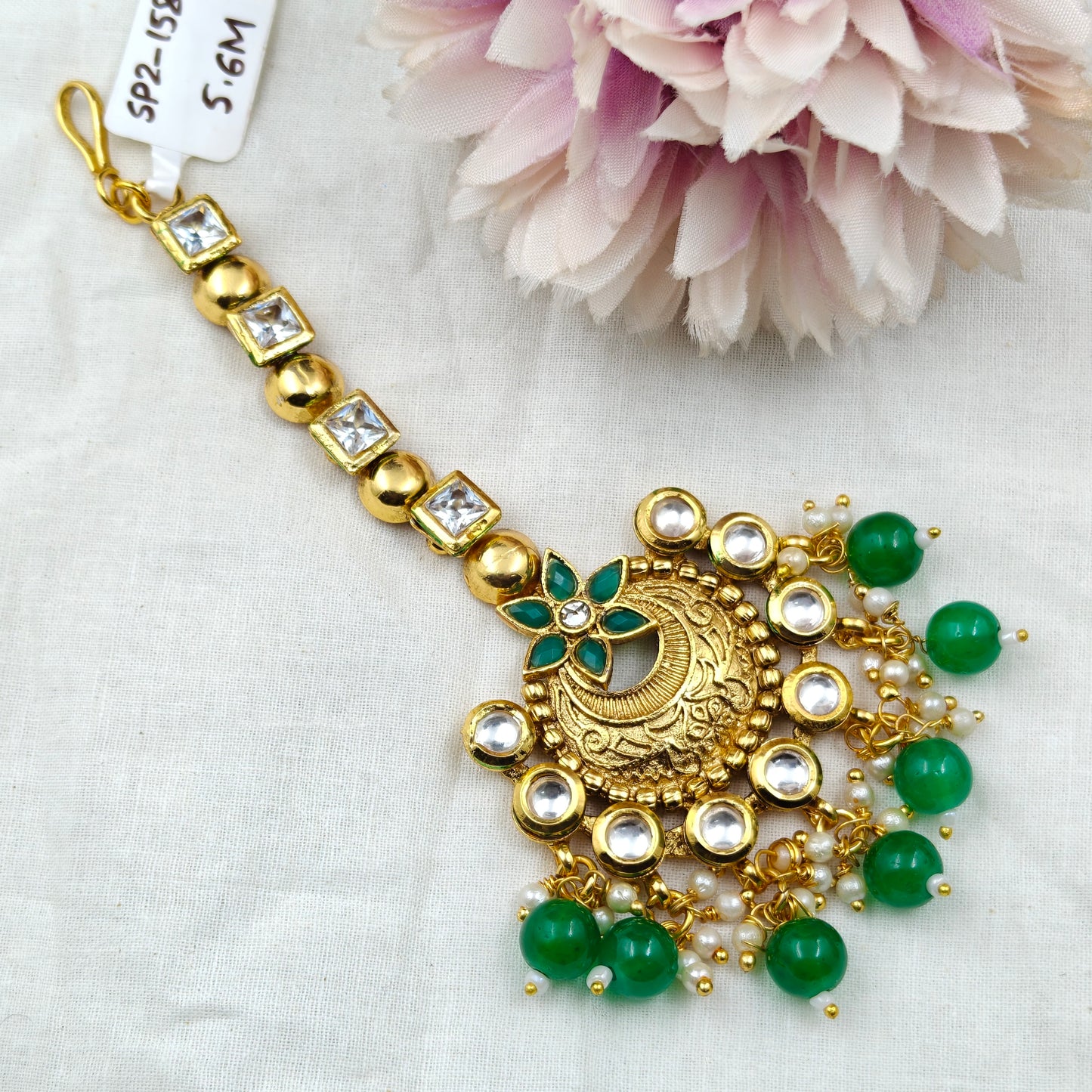 15856 Kundan Long Chandbali MaangTika Green
