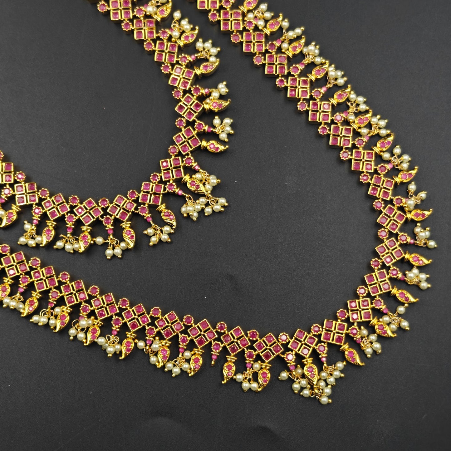 14521 CZ Long Full Red Diamond Shape Necklace Set