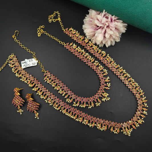 14521 CZ Long Full Red Diamond Shape Necklace Set