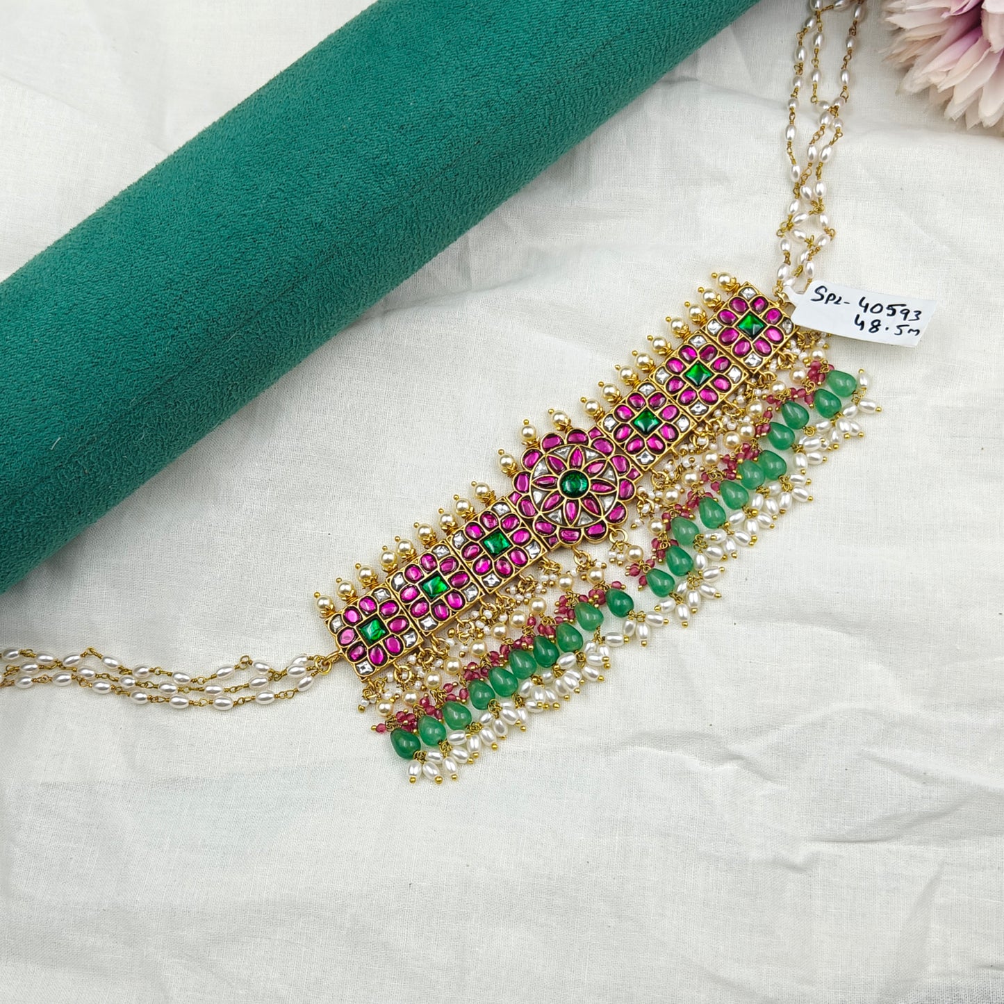 40593 Jadau Multi Flower Rice Pearls Choker