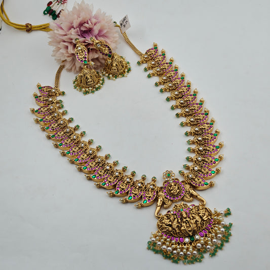40835 Jadau nakshi mango long necklace with pearls and earrings