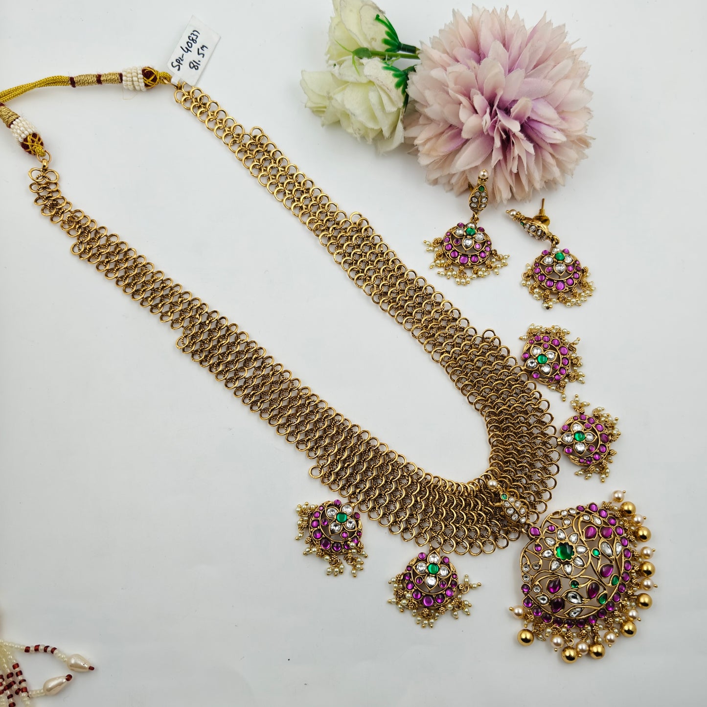 40837 Jadau Gold Mesh Long Necklace Set