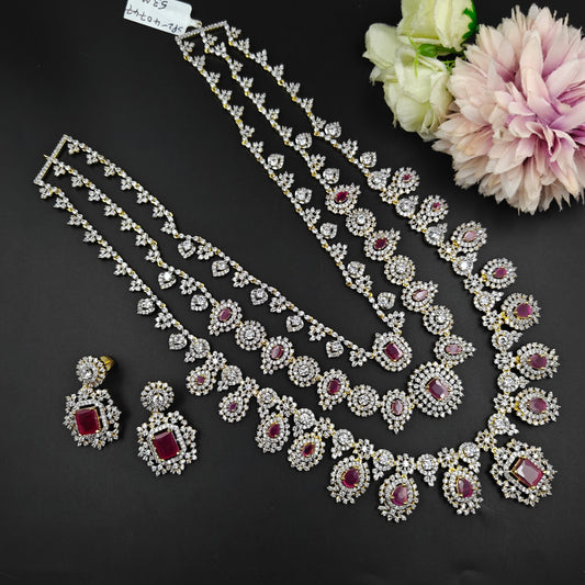 40747 Ruby CZ Stone GJ 3-Layer Long Necklace Set with Earrings