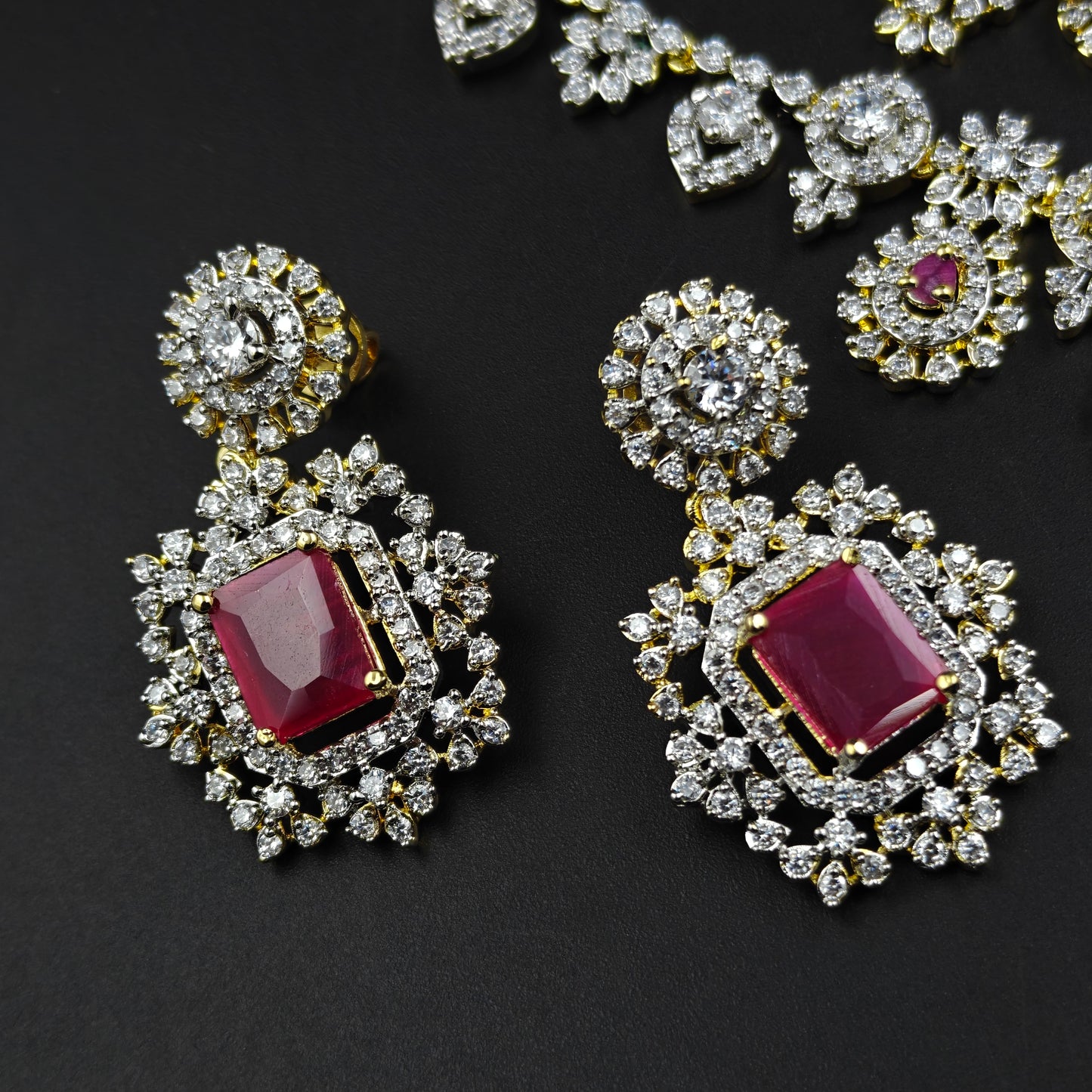 40747 Ruby CZ Stone GJ 3-Layer Long Necklace Set with Earrings