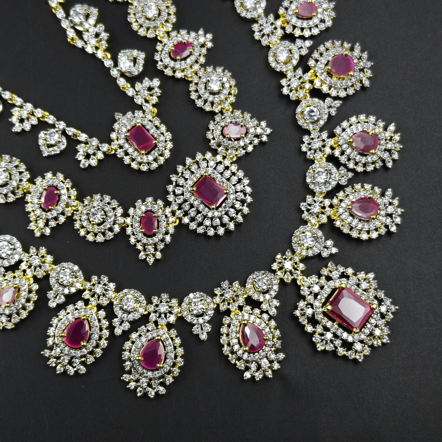 40747 Ruby CZ Stone GJ 3-Layer Long Necklace Set with Earrings