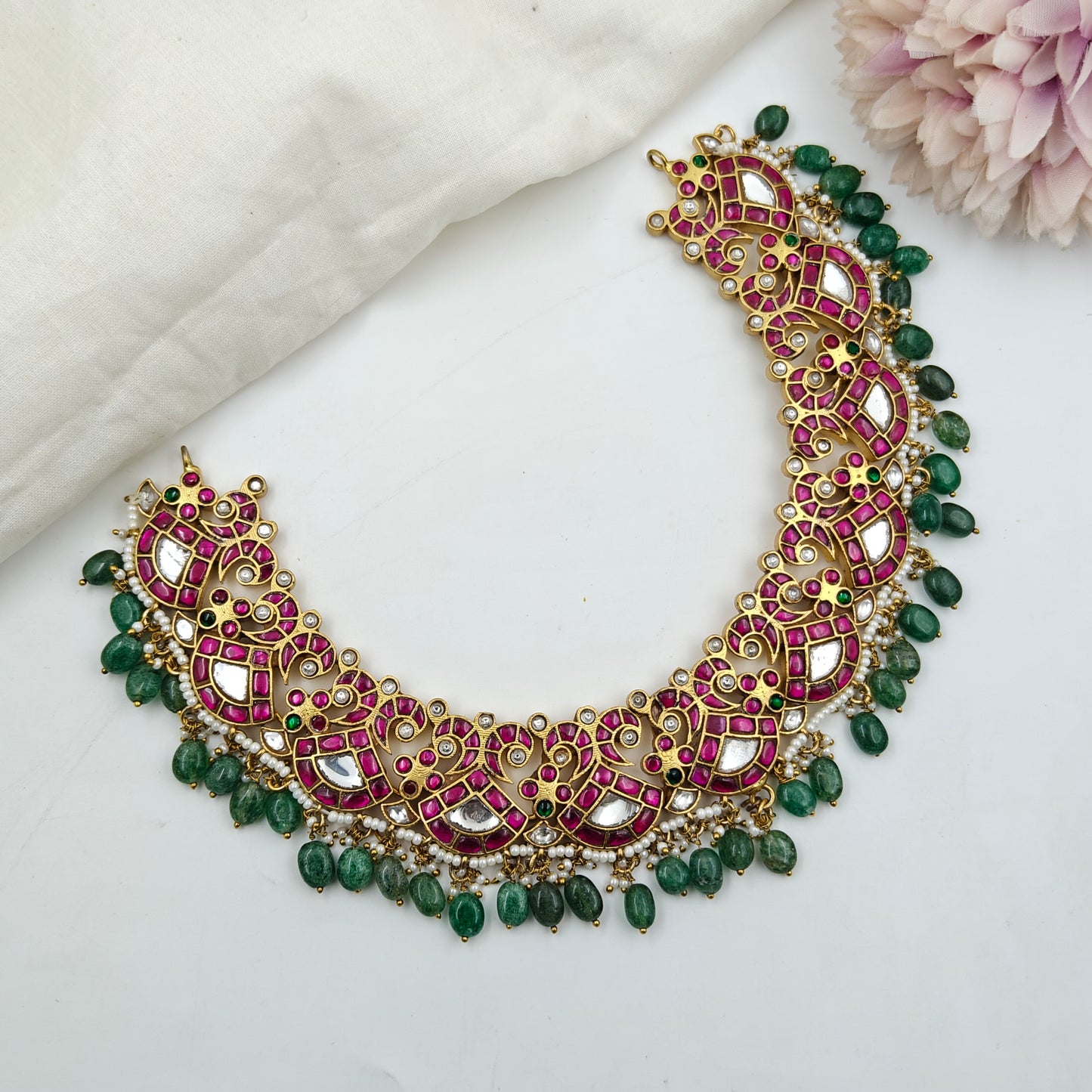 32299 Jadau Peacock Short Necklace Set With Poth