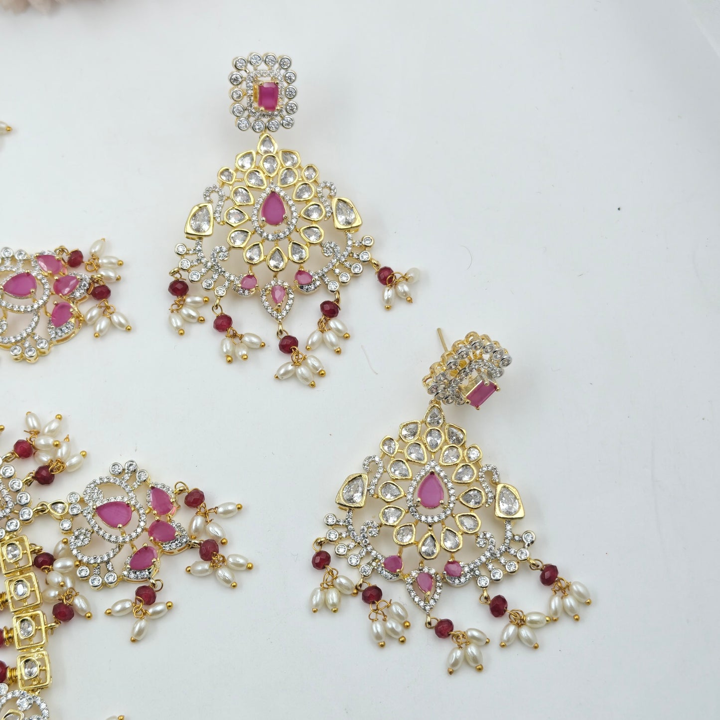 39640 Red Stone GJ Long Necklace Set with Earrings