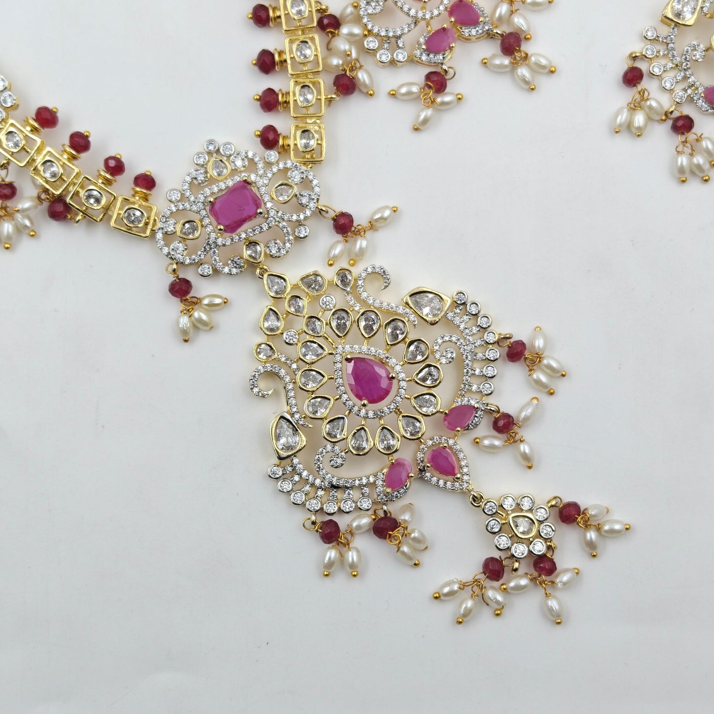 39640 Red Stone GJ Long Necklace Set with Earrings