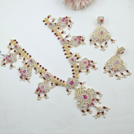 39640 Red Stone GJ Long Necklace Set with Earrings