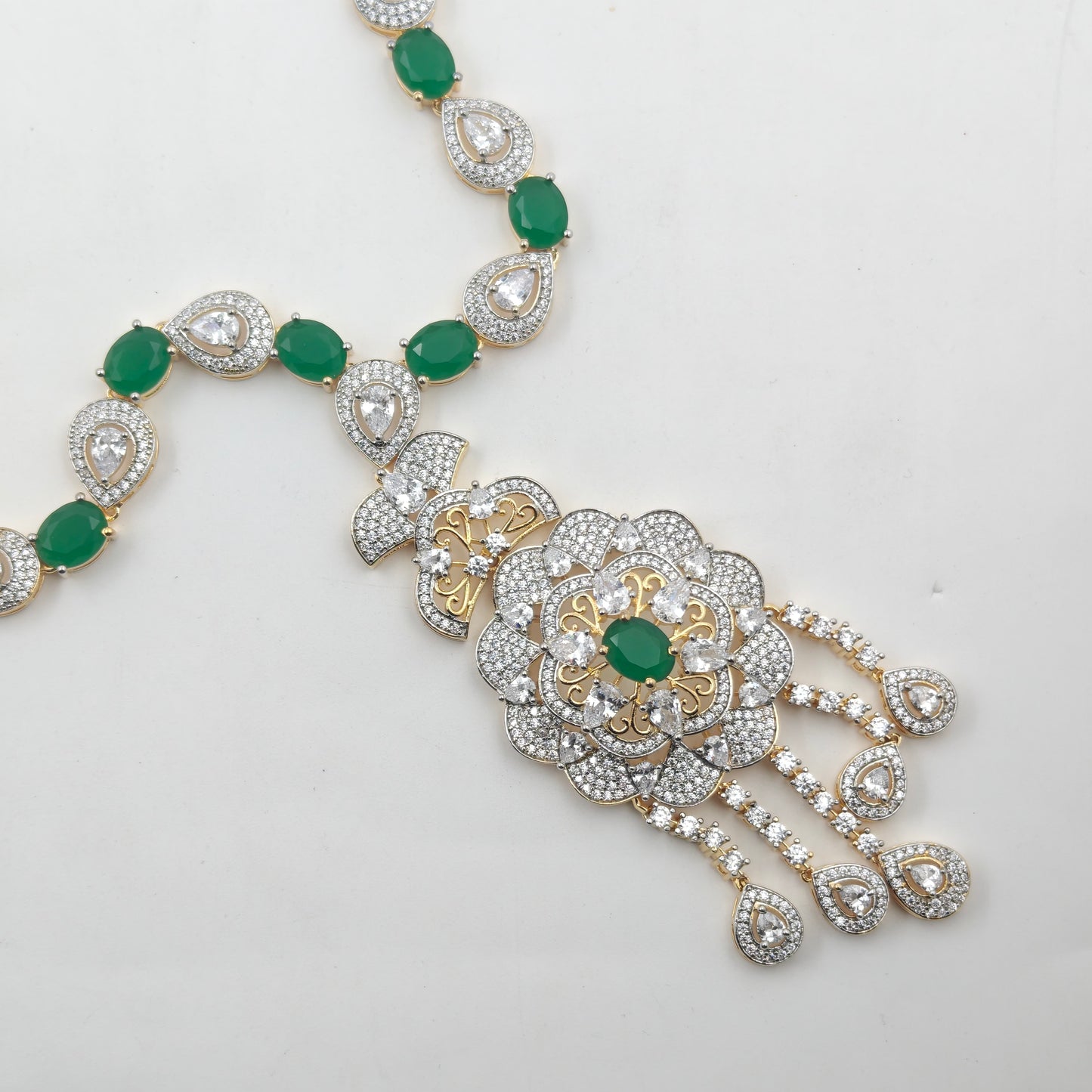 39642 Green Stone GJ Long Necklace Set with Earrings