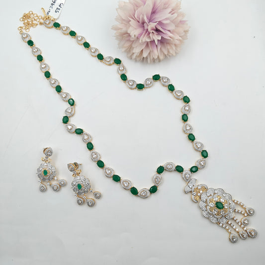 39642 Green Stone GJ Long Necklace Set with Earrings