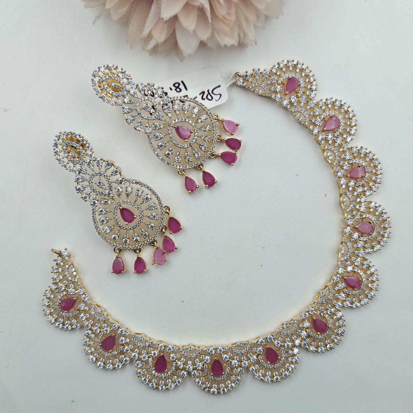39031 Red CZ Stone GJ Short Necklace Set with Earrings