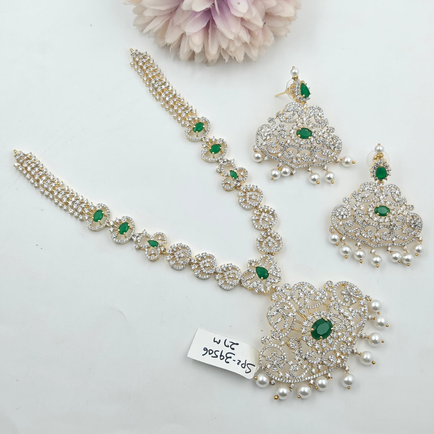 39506 Green CZ Stone GJ Short Necklace Set with Earrings