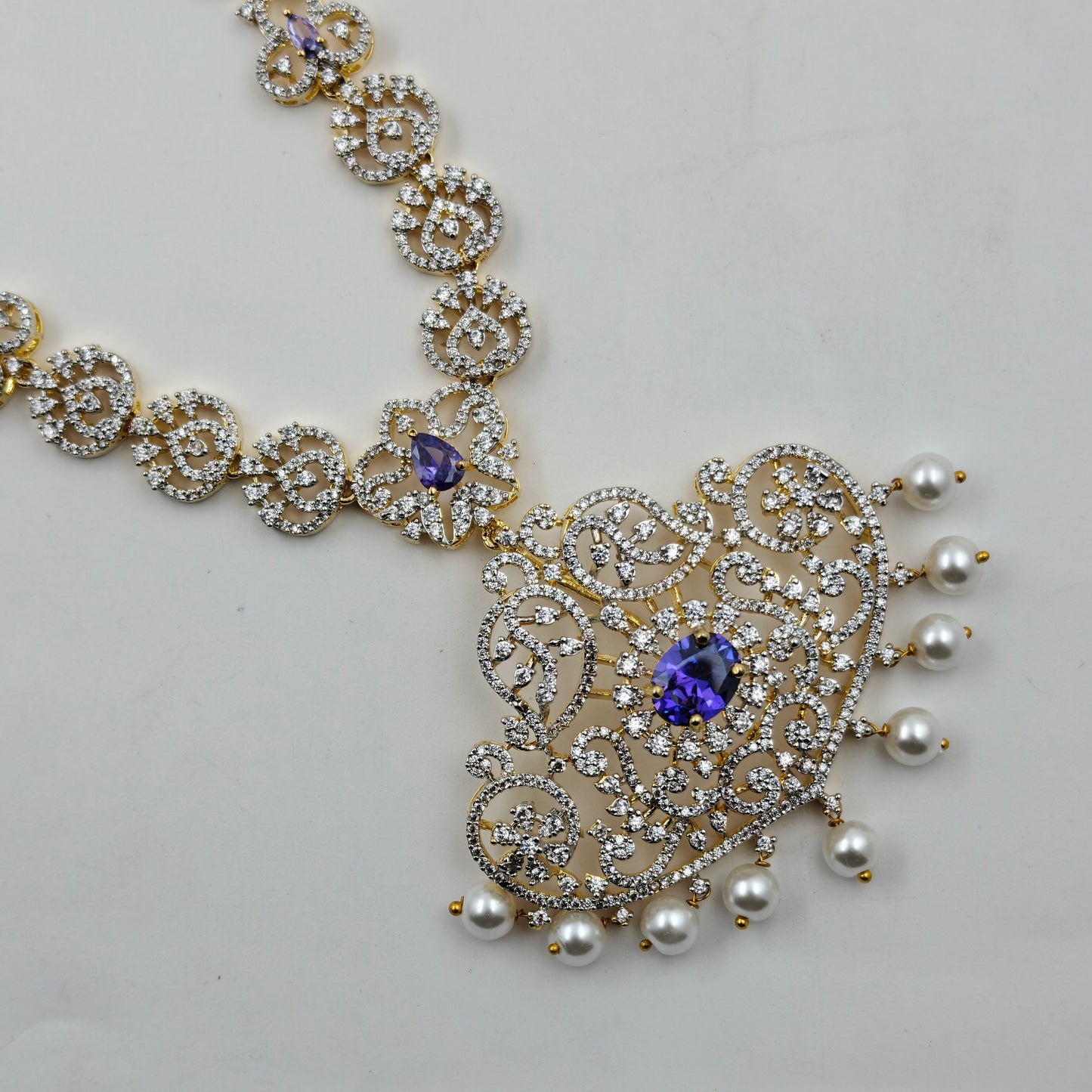 39508 Purple CZ Stone GJ Short Necklace Set with Earrings