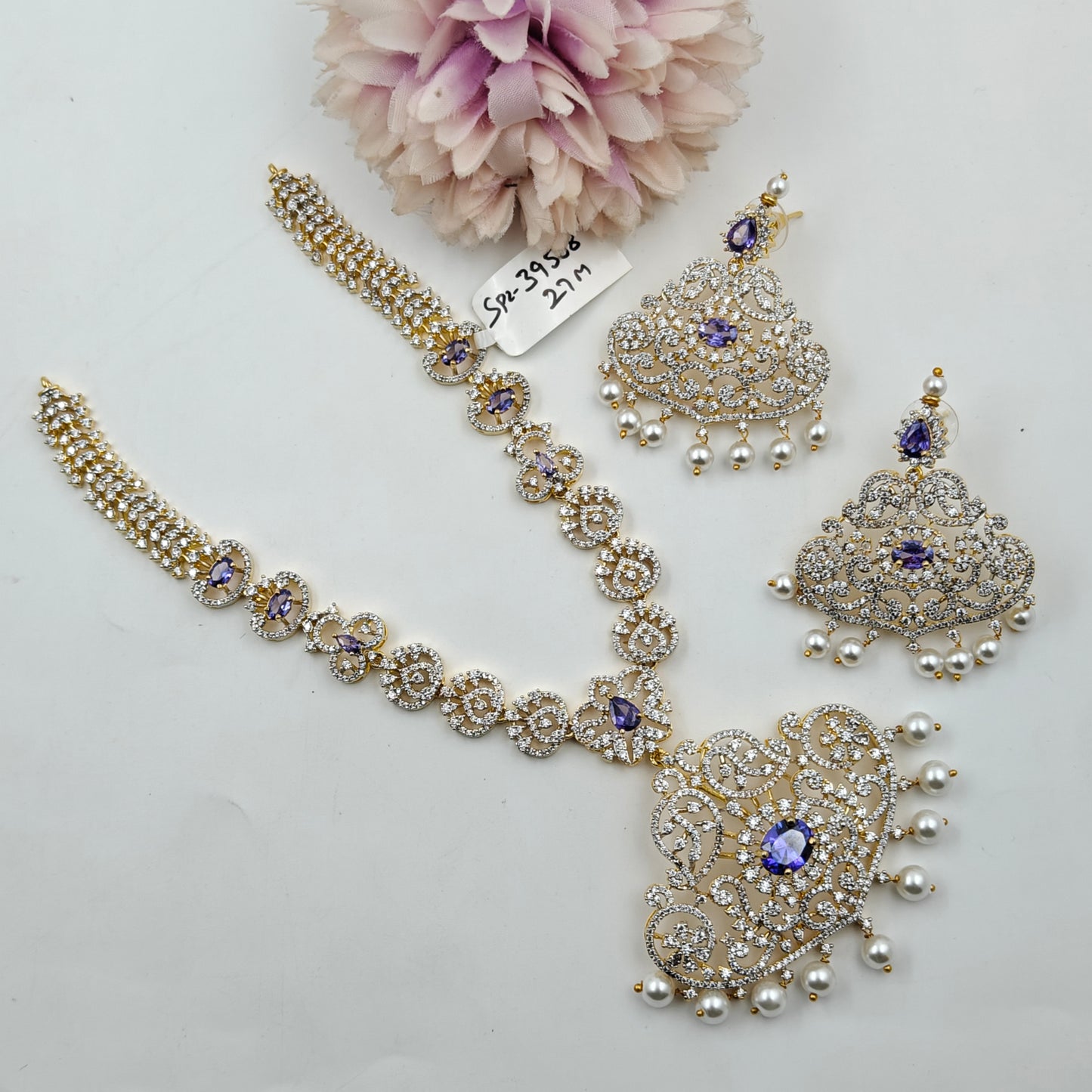 39508 Purple CZ Stone GJ Short Necklace Set with Earrings
