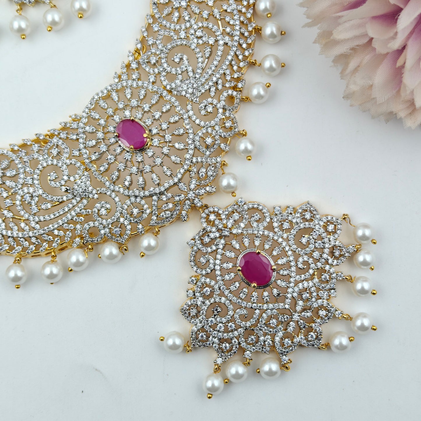 37768 Red CZ Stone GJ Short Necklace Set with Earrings