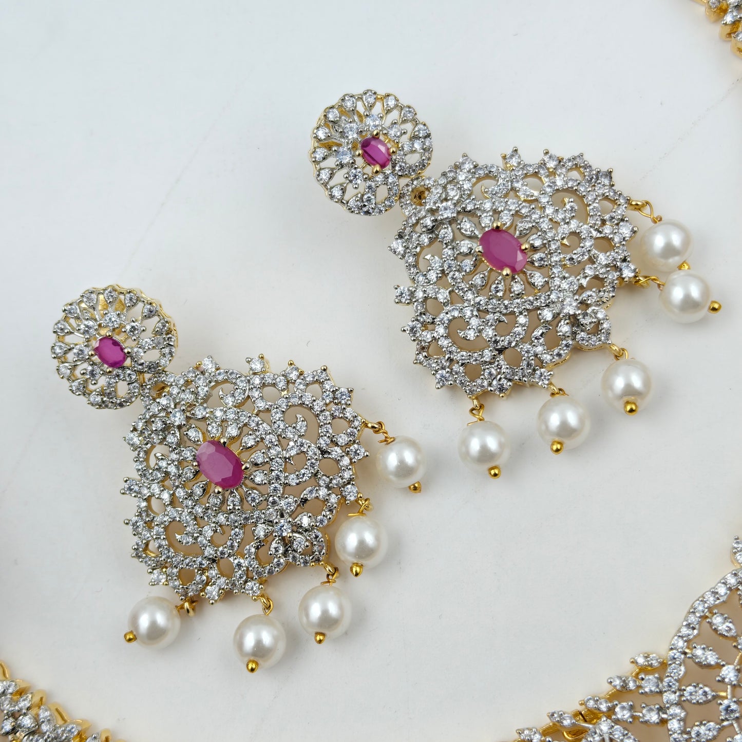 37768 Red CZ Stone GJ Short Necklace Set with Earrings