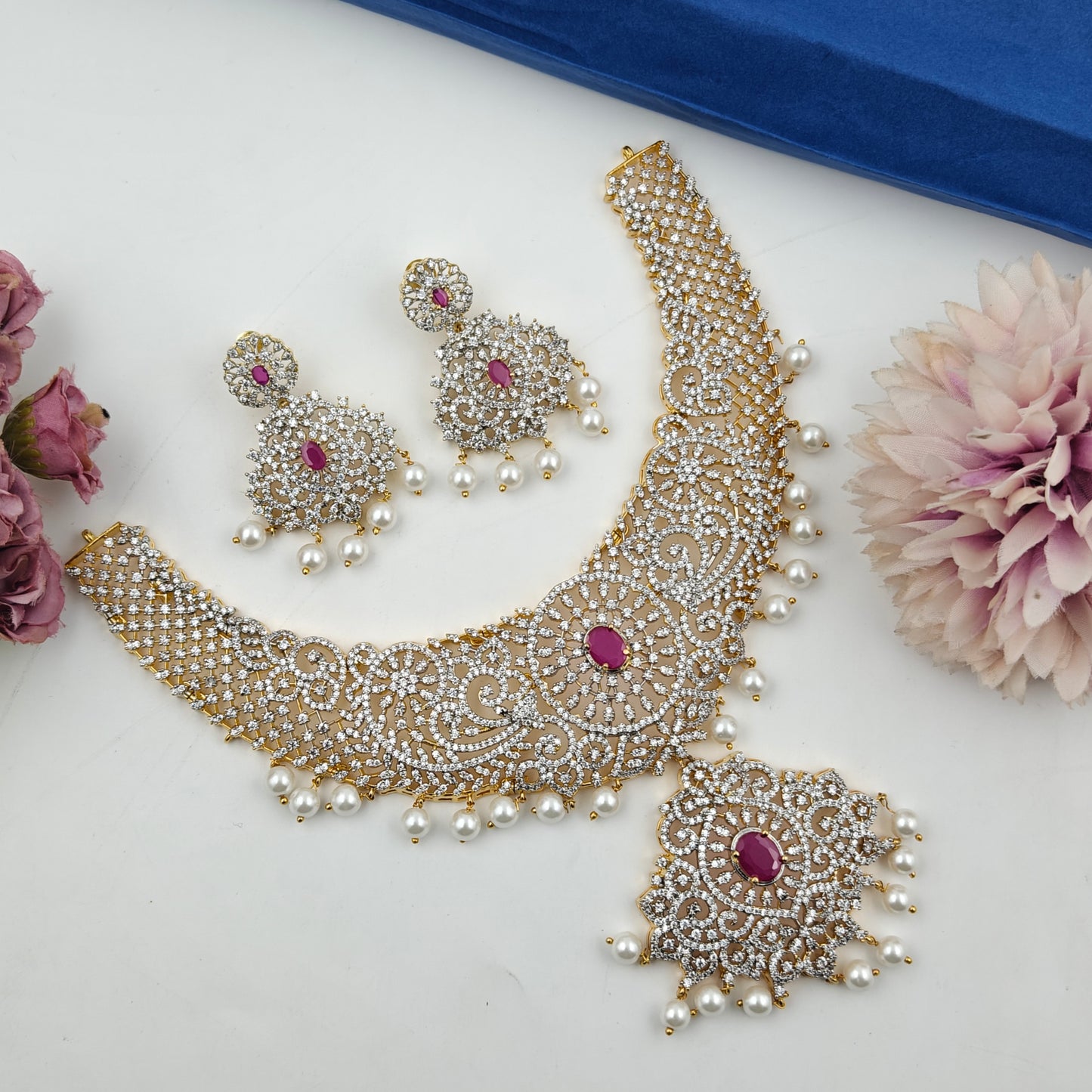 37768 Red CZ Stone GJ Short Necklace Set with Earrings