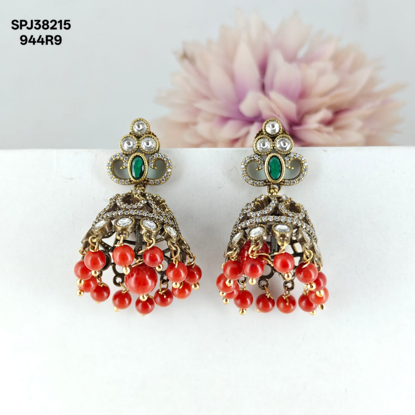 38215 Victorian Jhumki Green With Coral