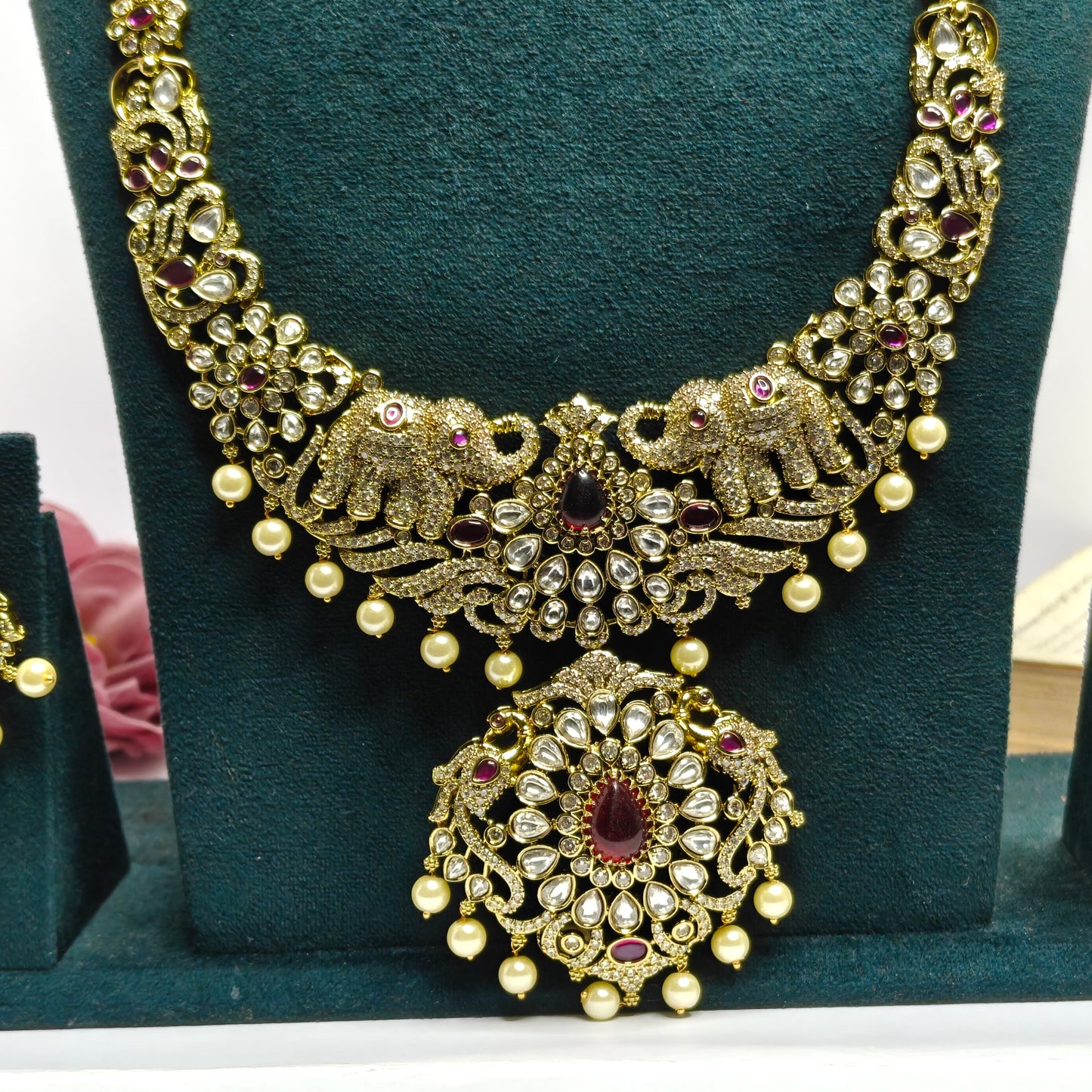 Victorian Elephant Long Necklace Red