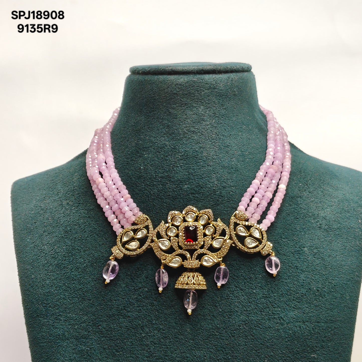18908  Purple Beads Choker With Victorian Pendent Set Red
