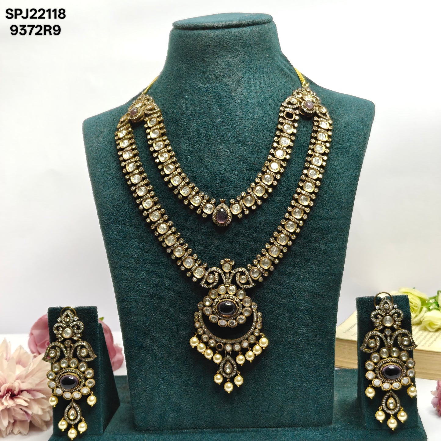 2 Lines Kundan Victorian Necklace Purple
