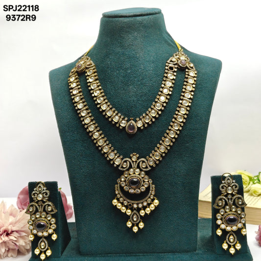 22118 2 Lines Kundan Victorian Necklace Purple