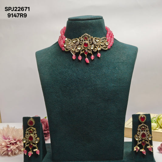 3 Lines Onion Pink Beads Choker With Victorian Pendent Red