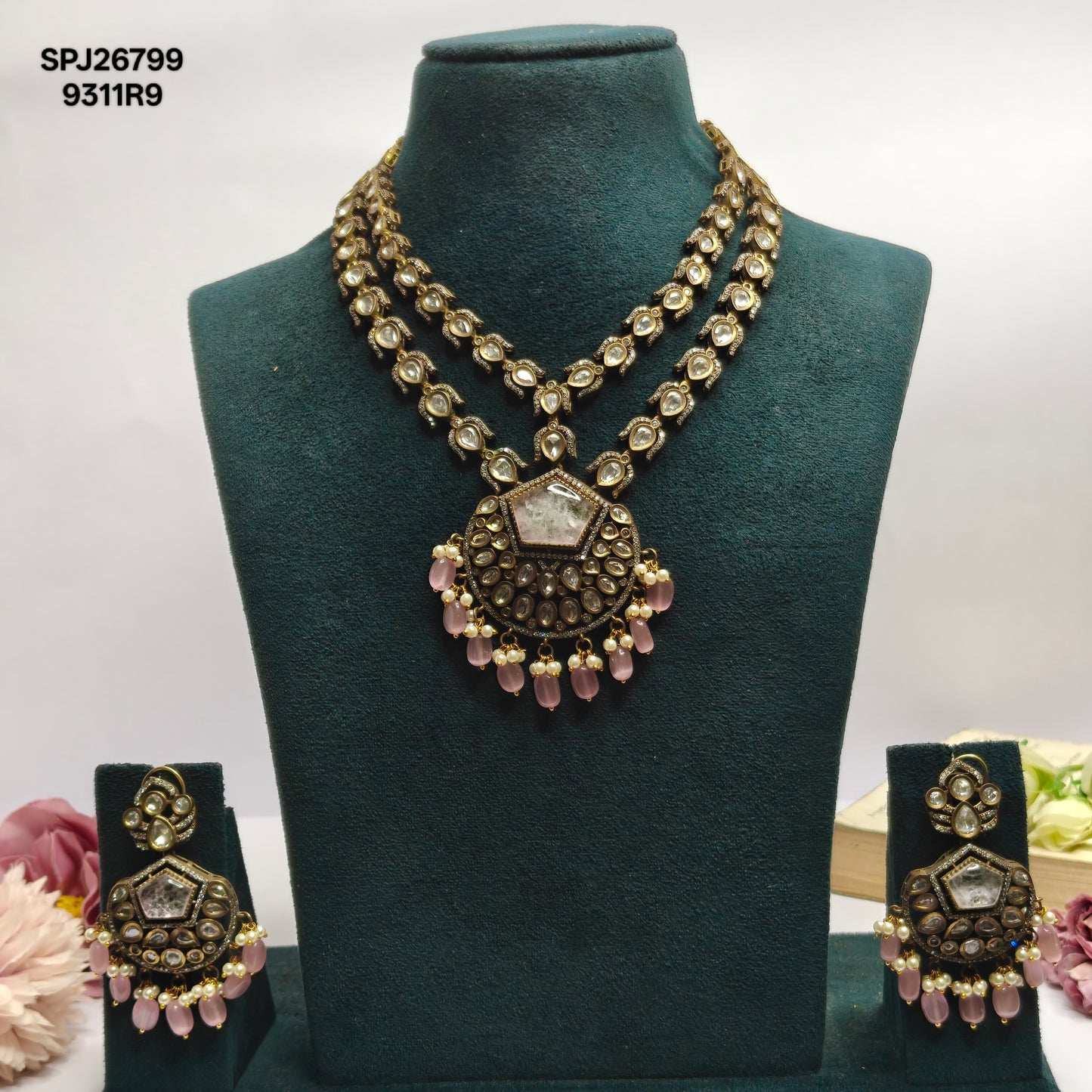 Victorian Moissanite 2 Lines Necklace Set Pink