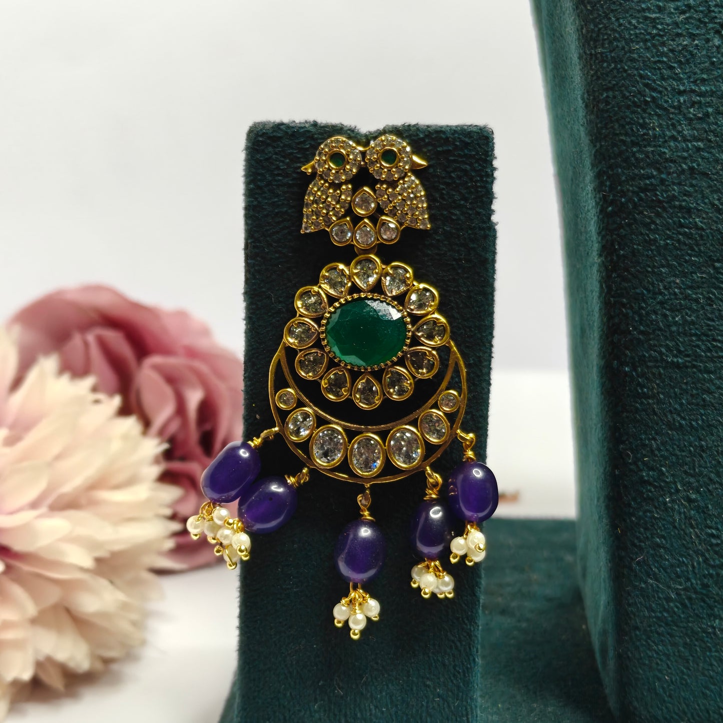 4 Lines & Purple Beads Mala Victorian Pendent Set Green