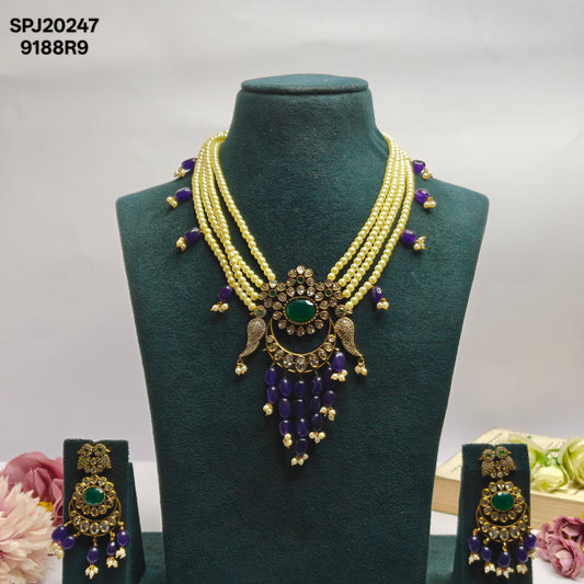 4 Lines & Purple Beads Mala Victorian Pendent Set Green