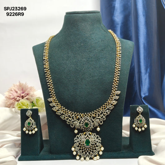 23269 Green CZ Stone GJ Long Necklace Set with Earrings