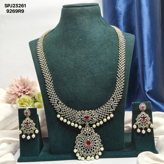 23261 Red CZ Stone GJ Long Necklace Set with Earrings