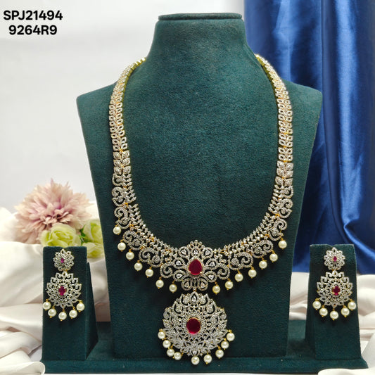 21494 Royal Red CZ Stone GJ Long Necklace Set with Earrings