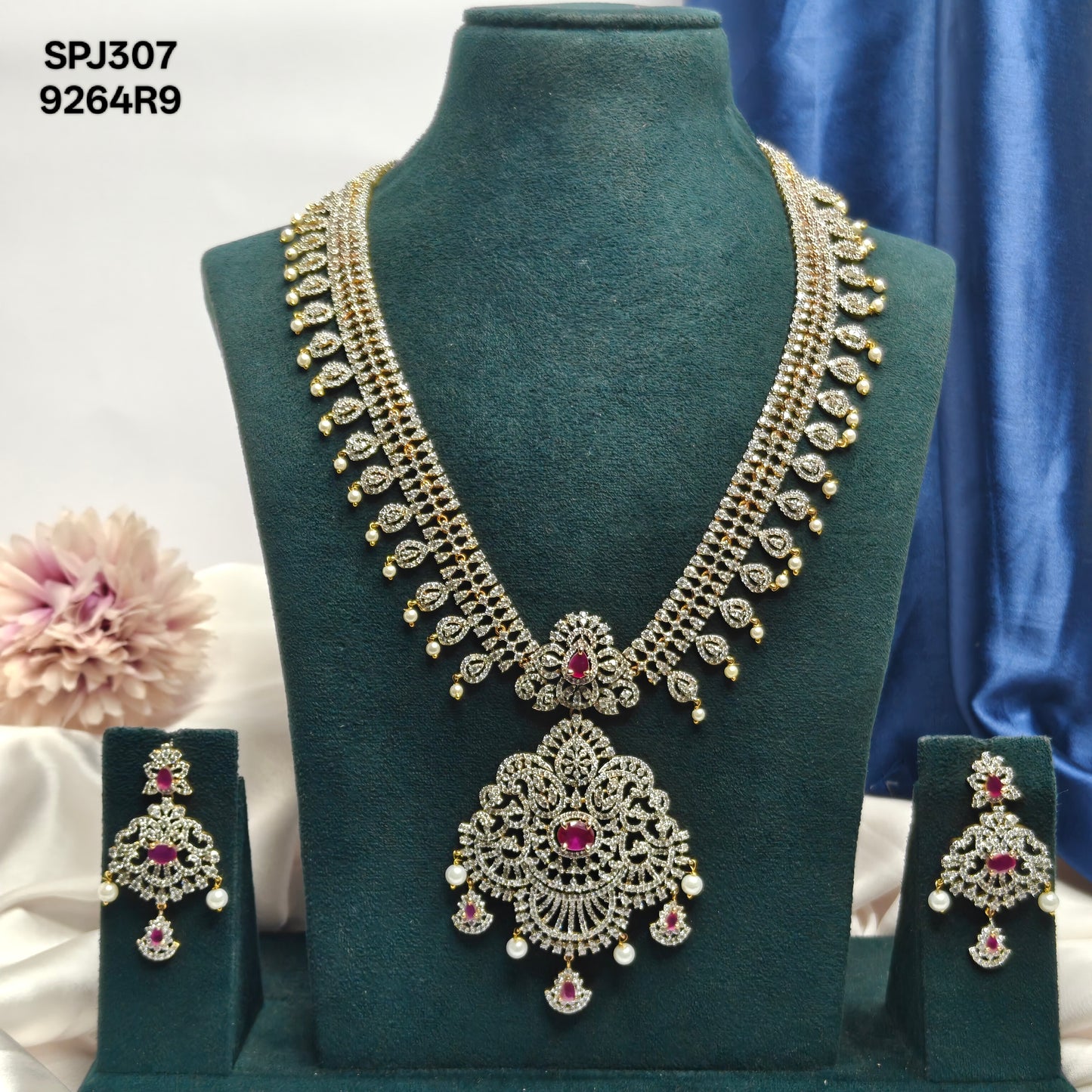 307 Red CZ Stone GJ Drop Necklace Set with Earrings