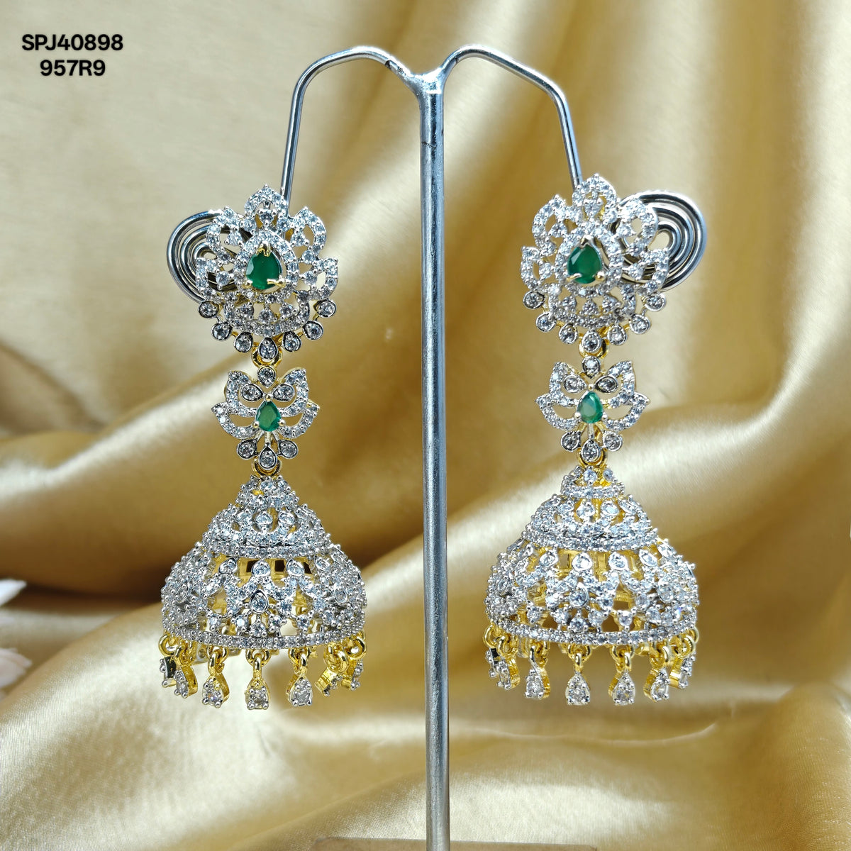 Premium Real Diamond Look Green Stone Jhumki With Screw Back 40898