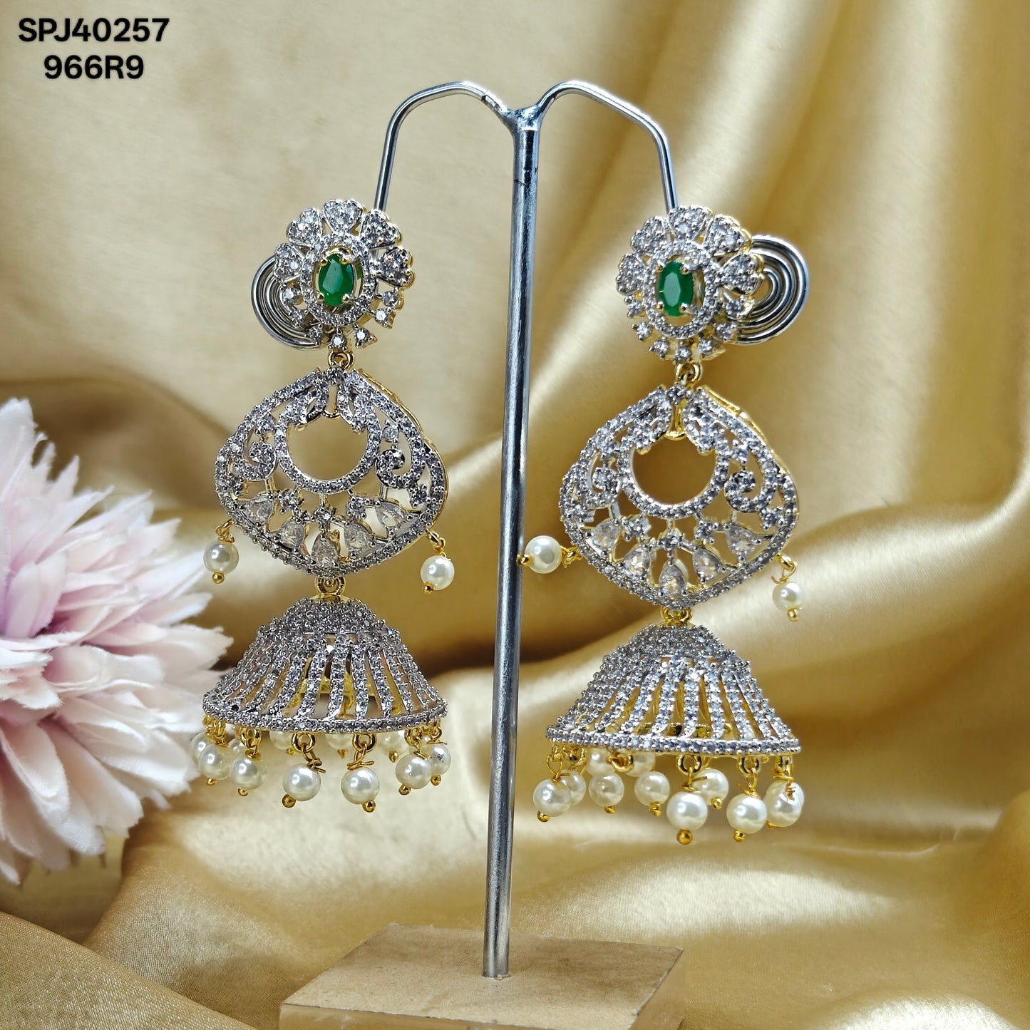 40257 GJ chandbali 3 step green stone