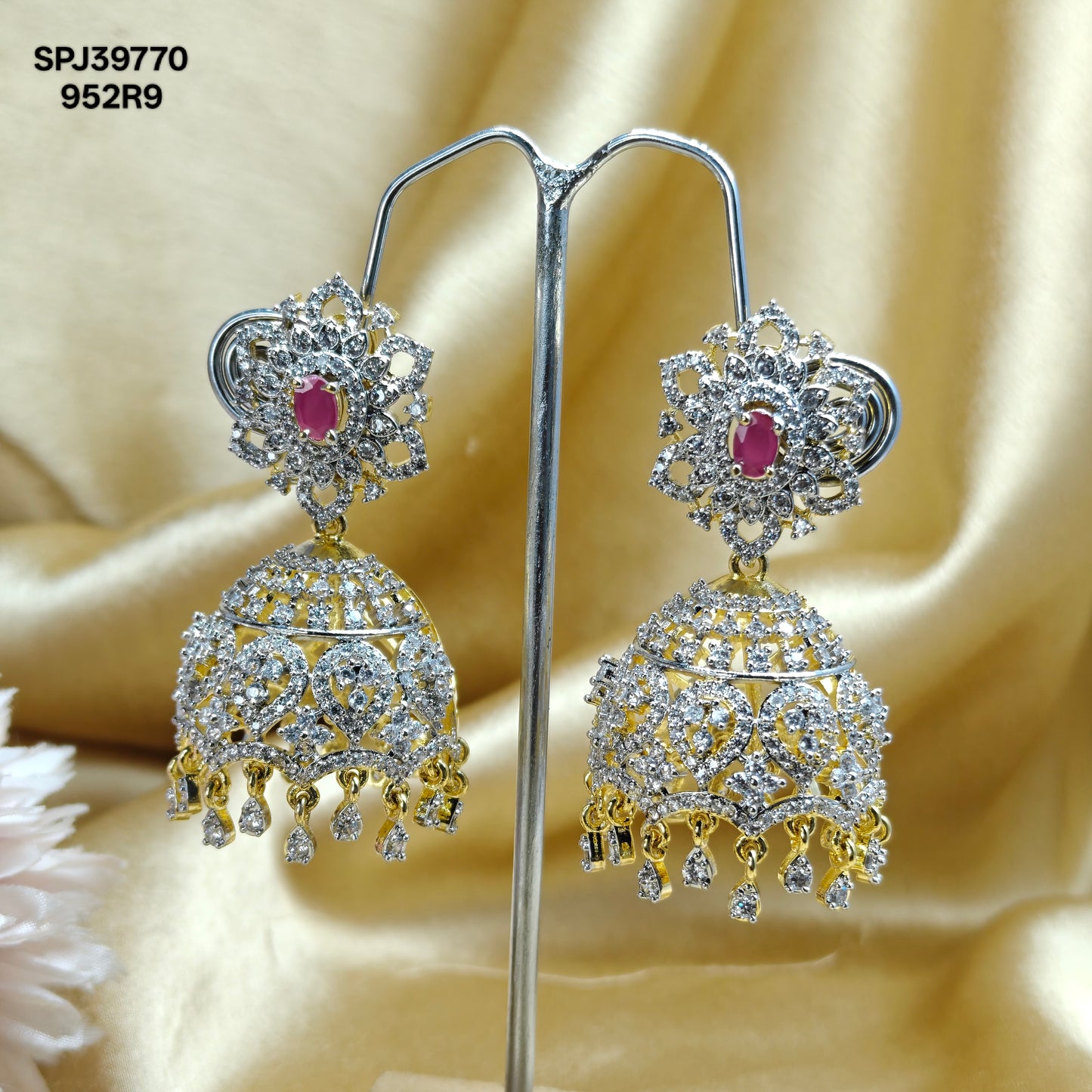 39770 Detachable 2 IN 1 Real diamond Look Jhumka with Ruby stones