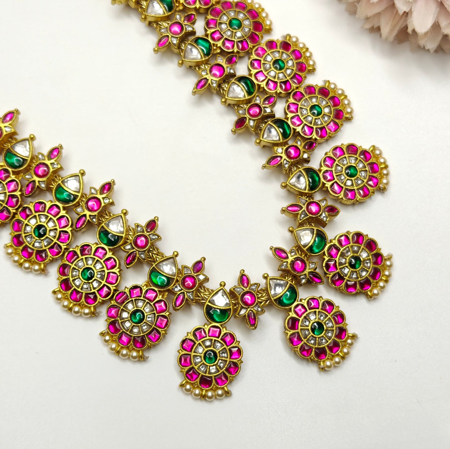 38152 Jadau Kundan Real stones Long Bottumala haaram with Russian strawberry beads